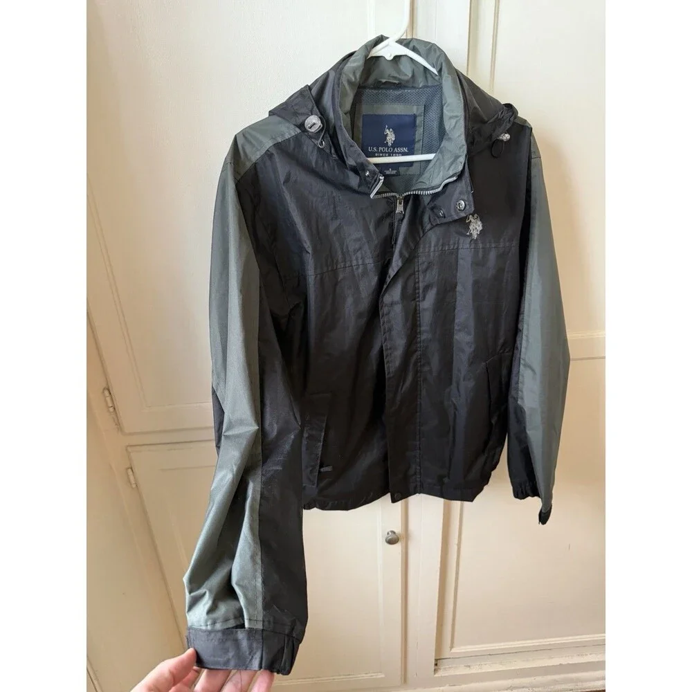 U.S. Polo Assn Mens Hooded Windbreaker Jacket Black Gray Mesh Lined